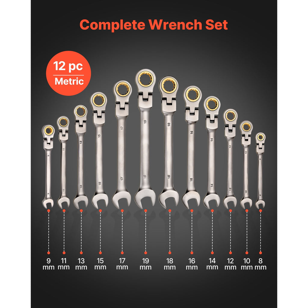 KFFKFF 12-Piece Metric Flex-Head Ratcheting Wrench Set, 8 mm to 19 mm, 72-Tooth Cr-V Steel Combination Wrenches with Roll-Up Pouch, Ideal fo - Image 2