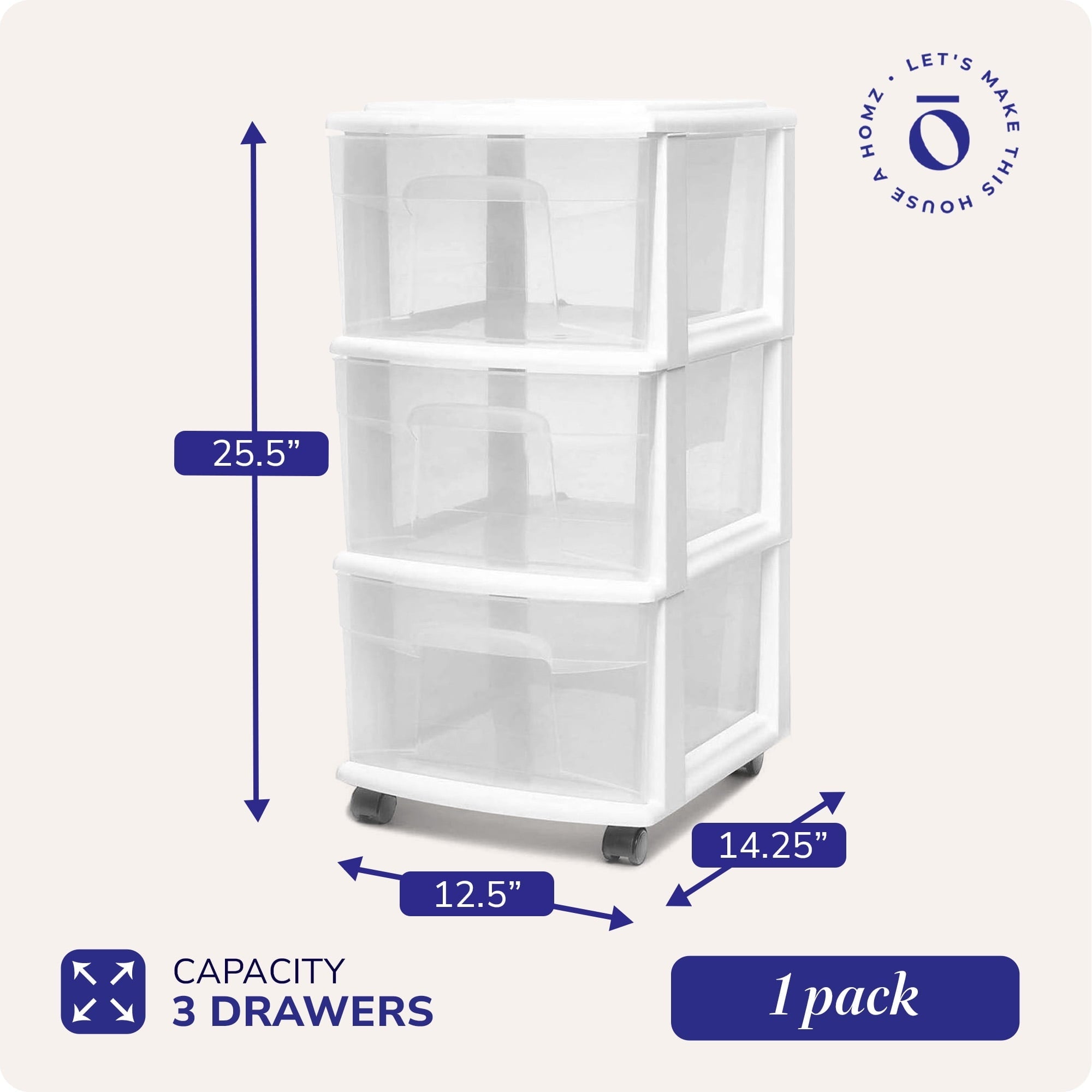 Drawer Tower, 3-Tier Clear Plastic Rolling Storage Cart, Removable Wheels, White