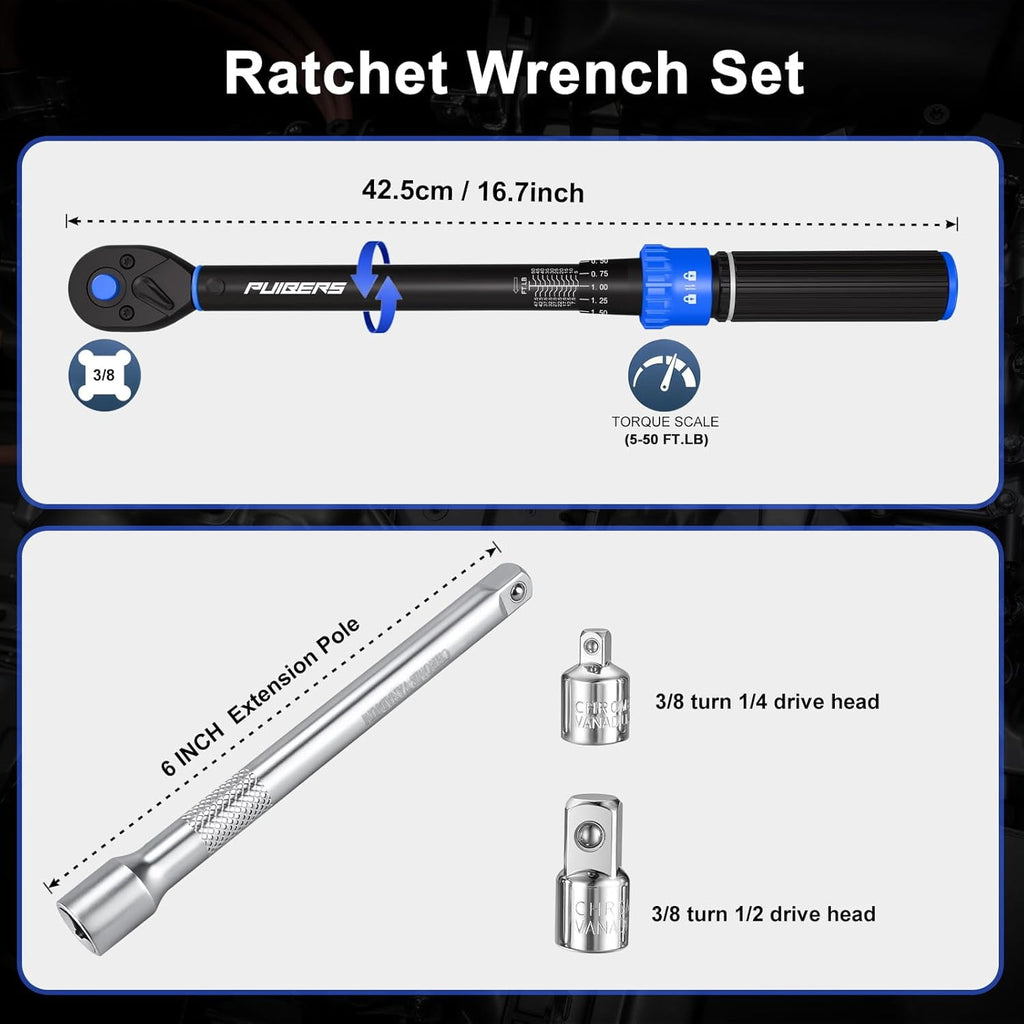 Torque Wrench Set 3/8" Drive 5-50 FT.LB, Dual-Direction 72-Tooth Adjustable Torque Wrenches with 6" Extension Bar, 3/8" to 1/2" & 1/4" Adapt - Image 2