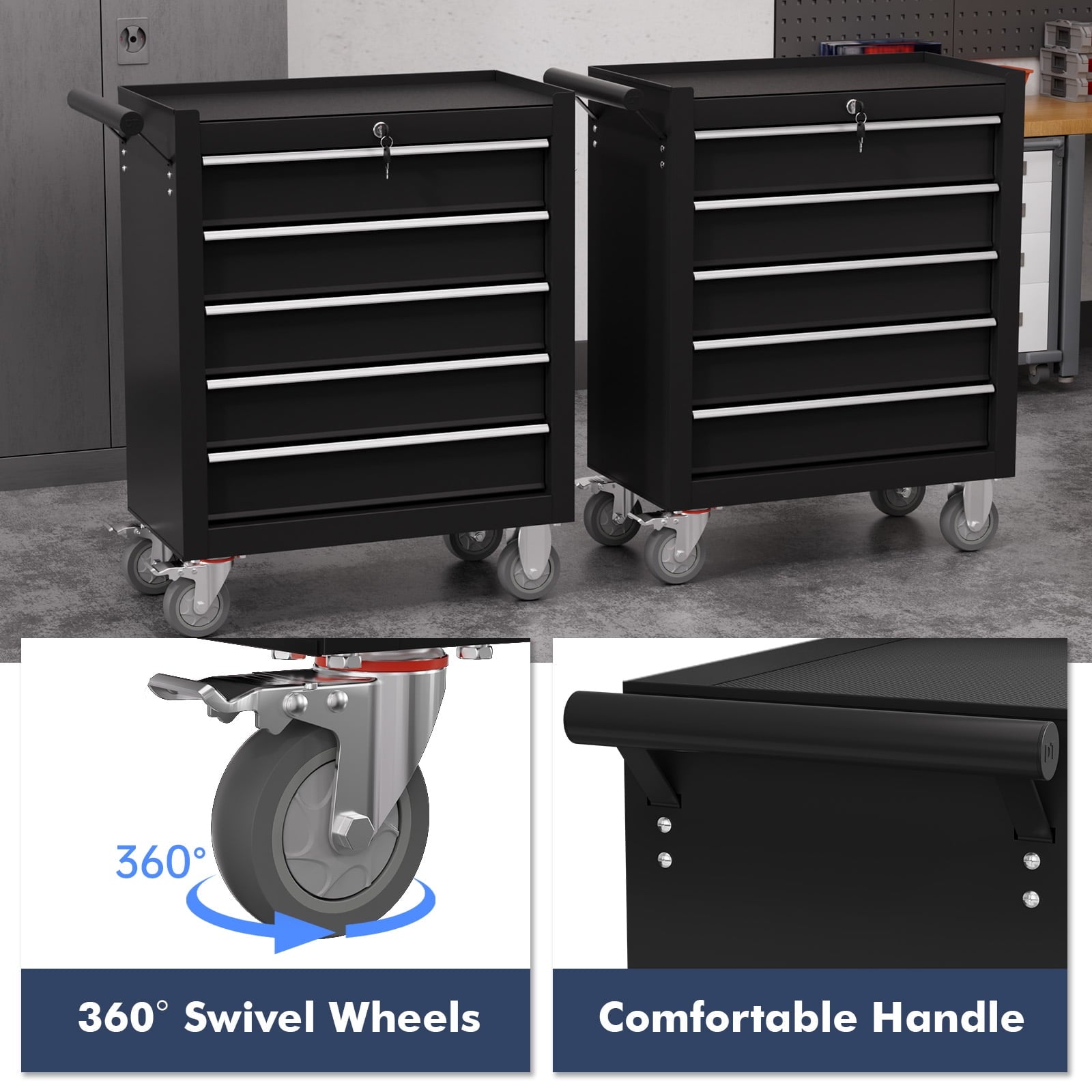 5-Drawer Cart with Wheels,High Capacity Cabinet with Locking System for Garage, Warehouse, Workshop-Black - Image 5