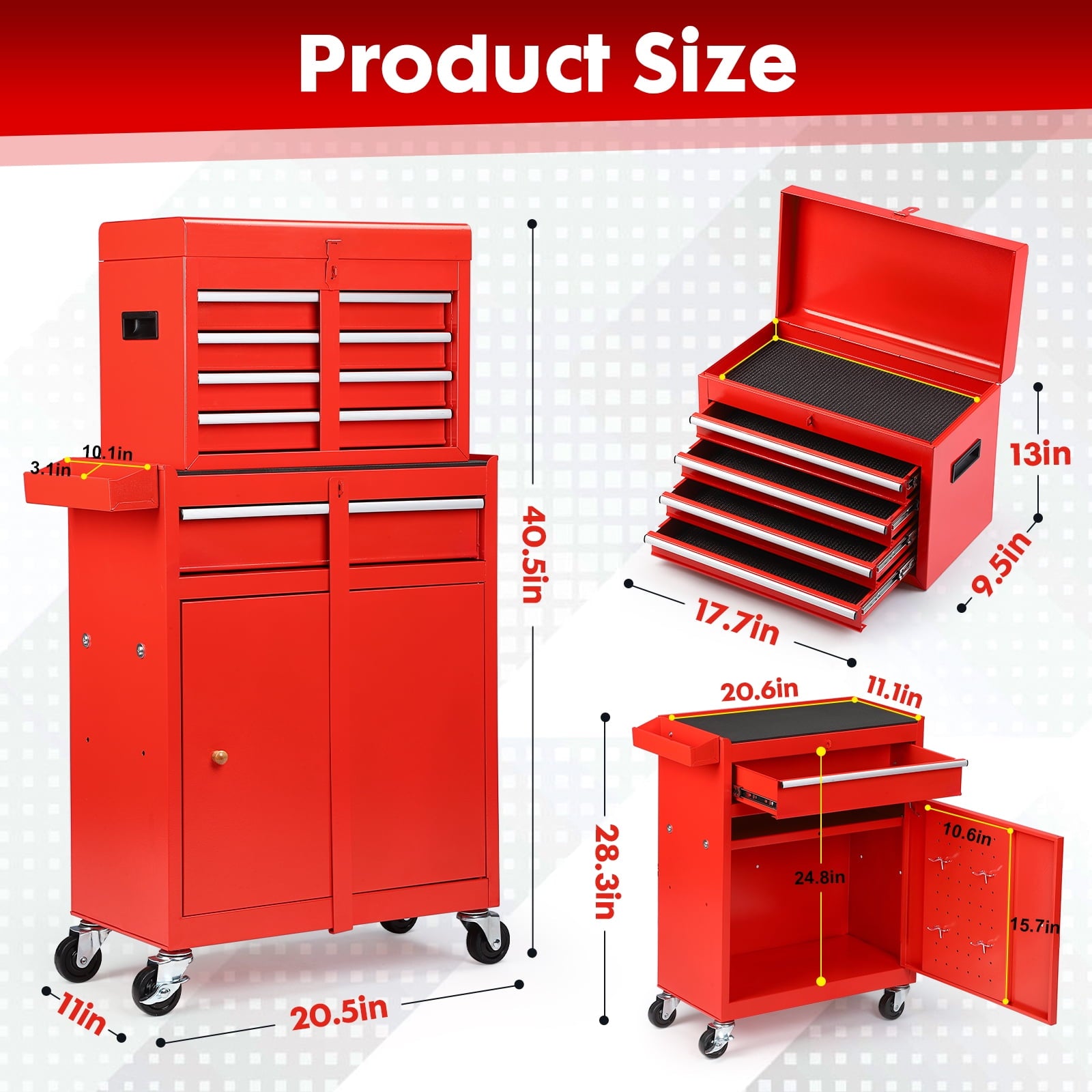 5-Drawer Tool Chest with Detachable Box, Lockable Wheels & 4 Hooks, Red - Image 3