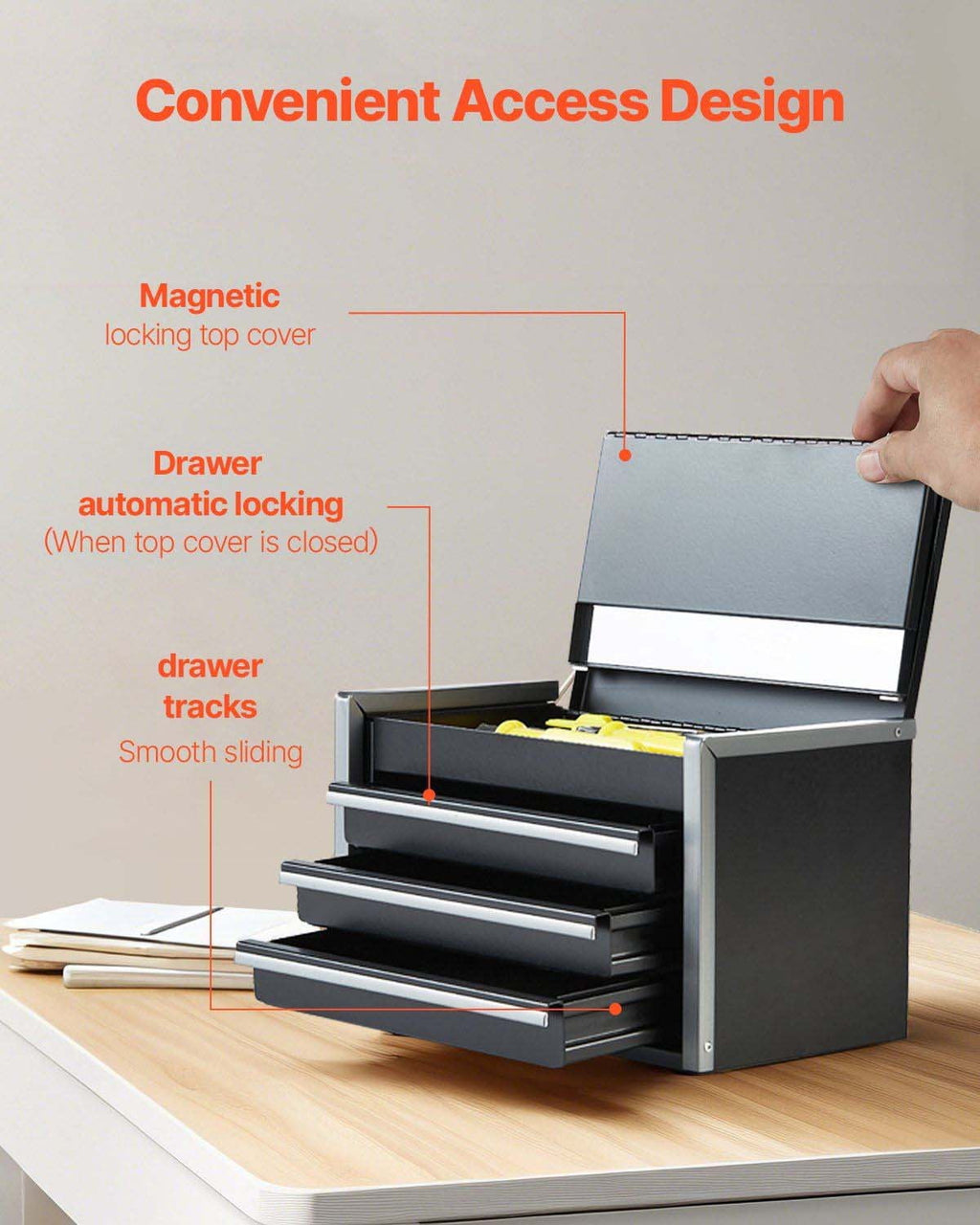Metal Tool Box 8.6 Inch, 3 Drawer Portable Tool Chest - Image 4