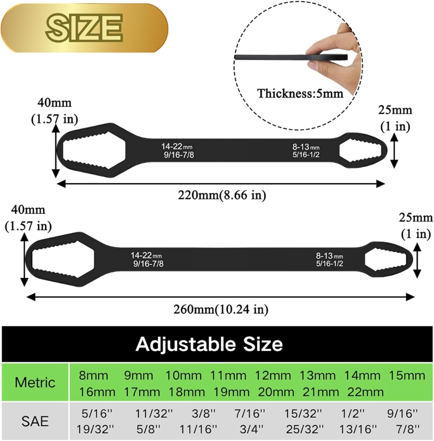 2 Pcs Black Universal Wrench Set, 8-22mm Universal Multifunctional Wrench, 220mm and 260mm Length Double Ended Self-T... - Image 2