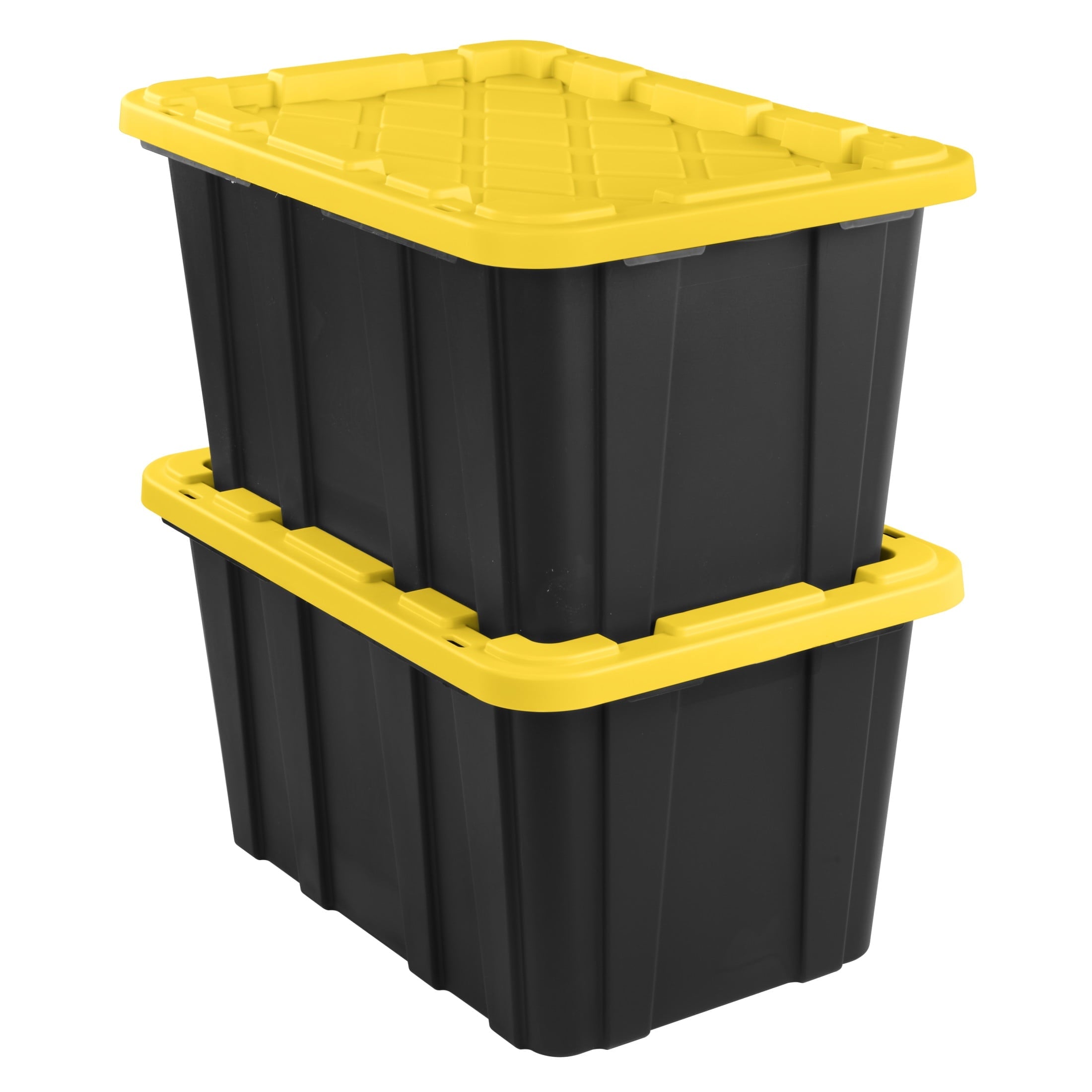Large Storage Bin, 27 Gallon Plastic Storage Tote with Snap-On Lid, Black and Yellow, 6 Pack