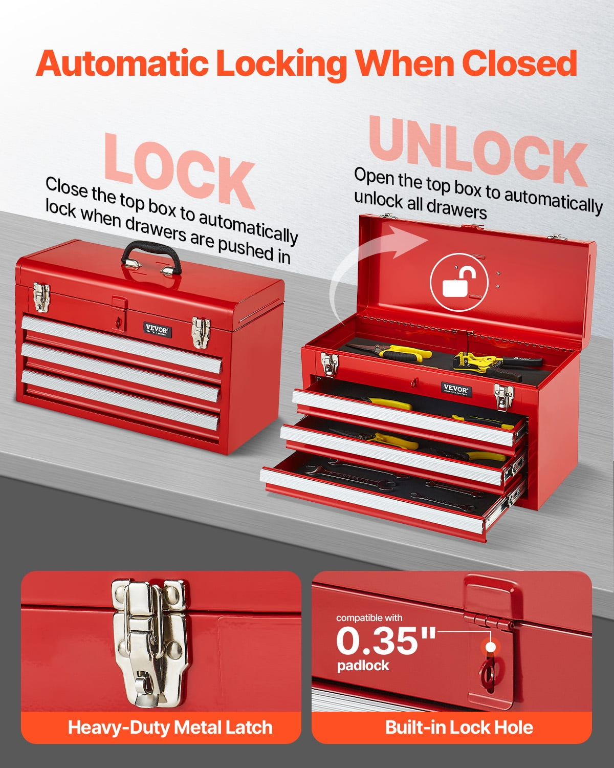 Metal Tool Box, 20.5-inch, Portable Metal Tool Box with 3 Drawers, Small Tool Chest with EVA Liners,Ball Bearing Slid... - Image 3