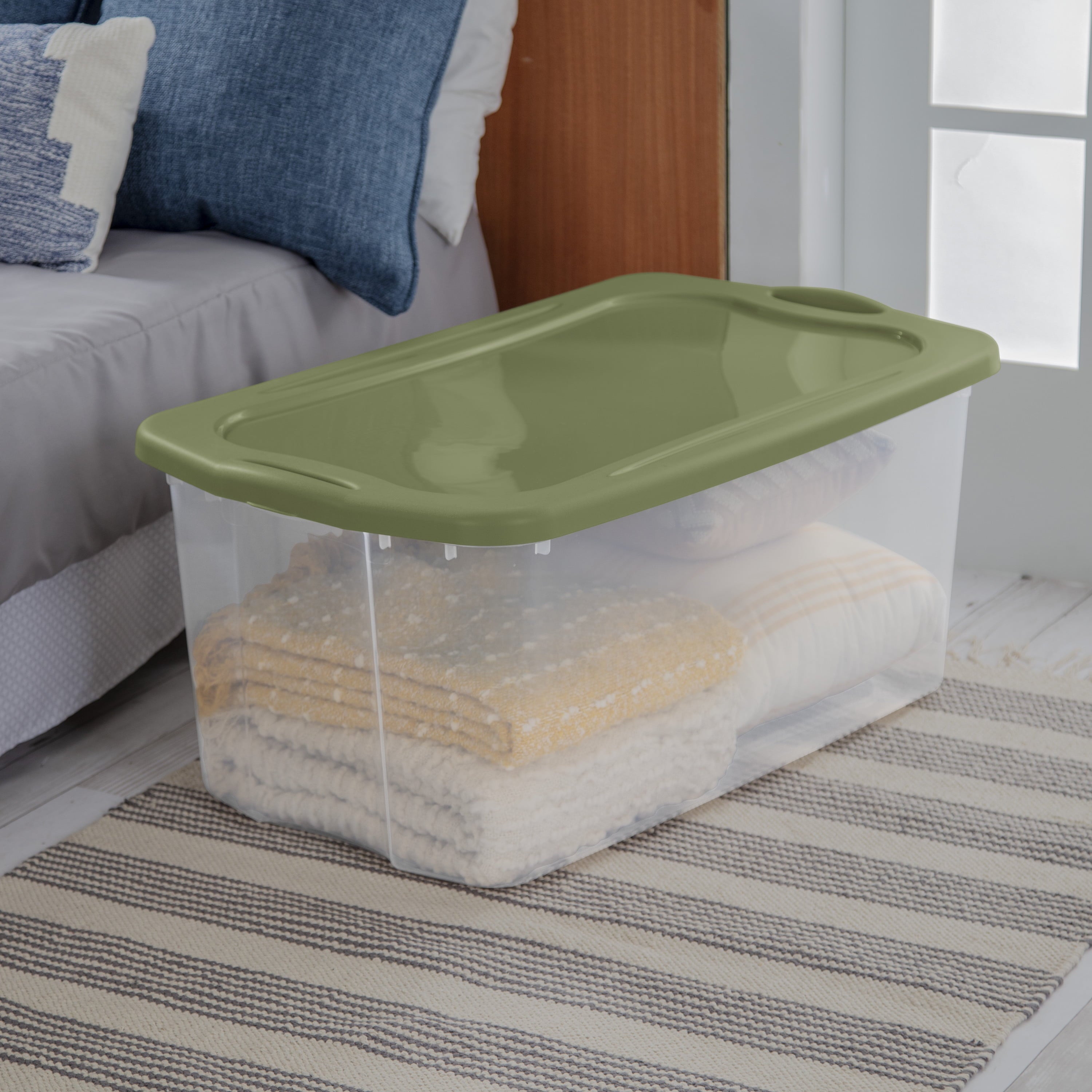 EZ Carry 120 Quart Extra-Large Storage Bin, Clear Plastic Storage Container with Full-Grip Handles, Green
