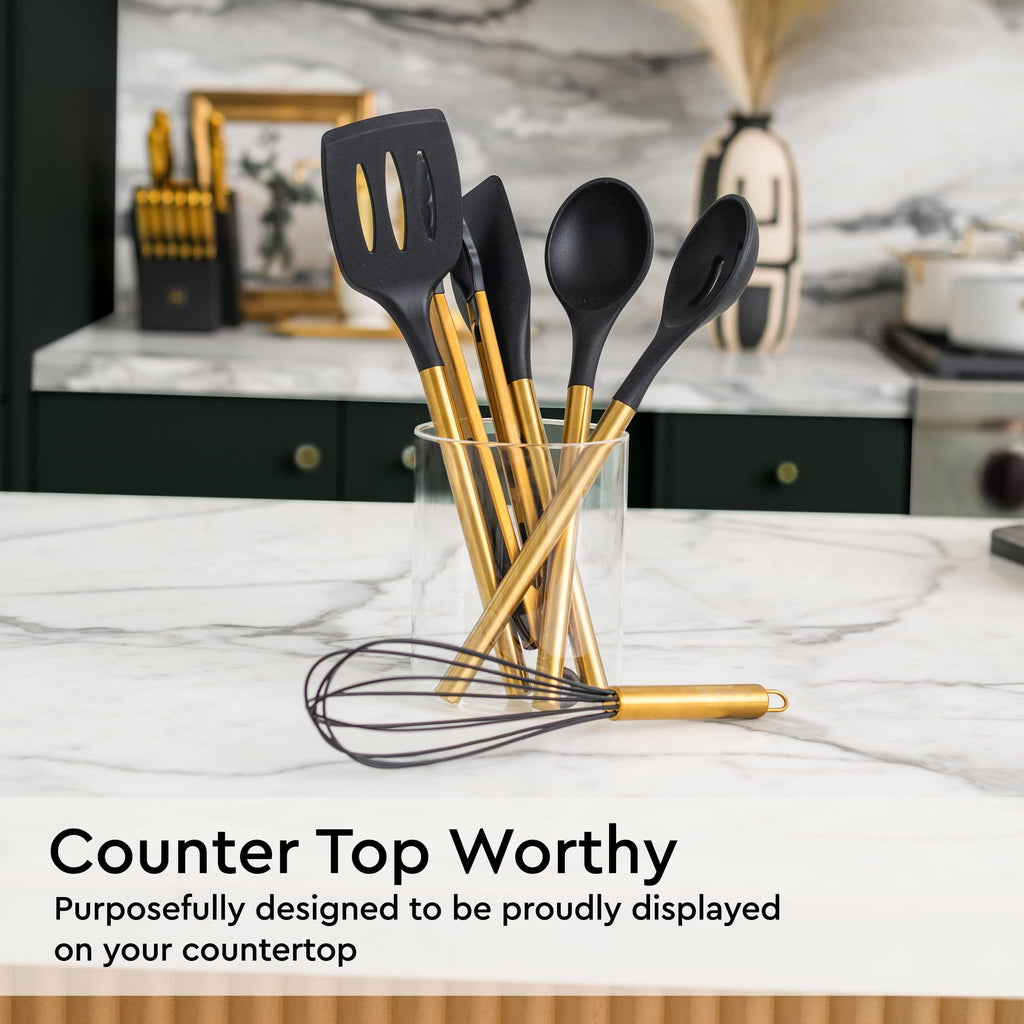 White Silicone and Gold Cooking Utensils Set