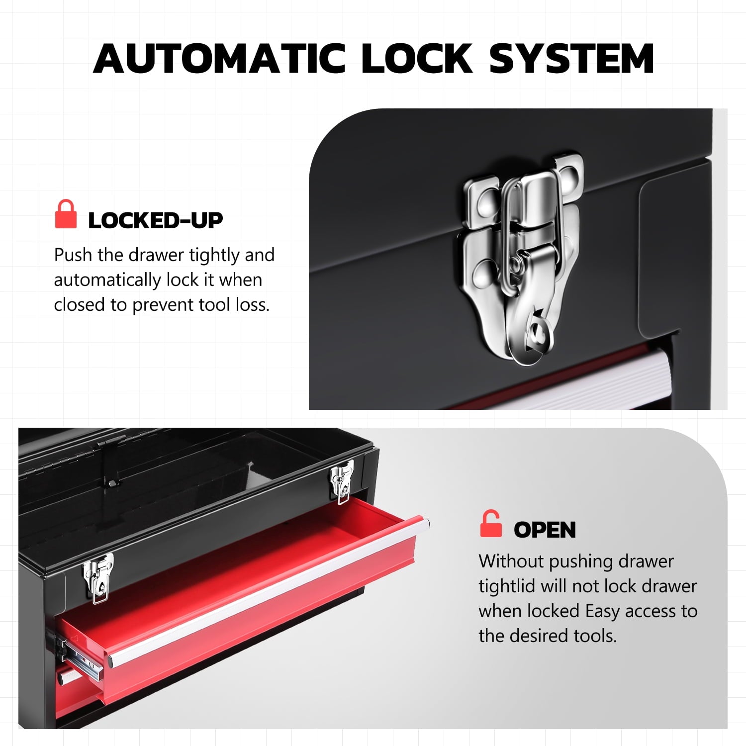 TOOLS-00408 20" 2 Drawers Sturdy Durable Flat Top Steel Portable Hand Carry Multiple Storage Tool Storage Box Red - Image 4