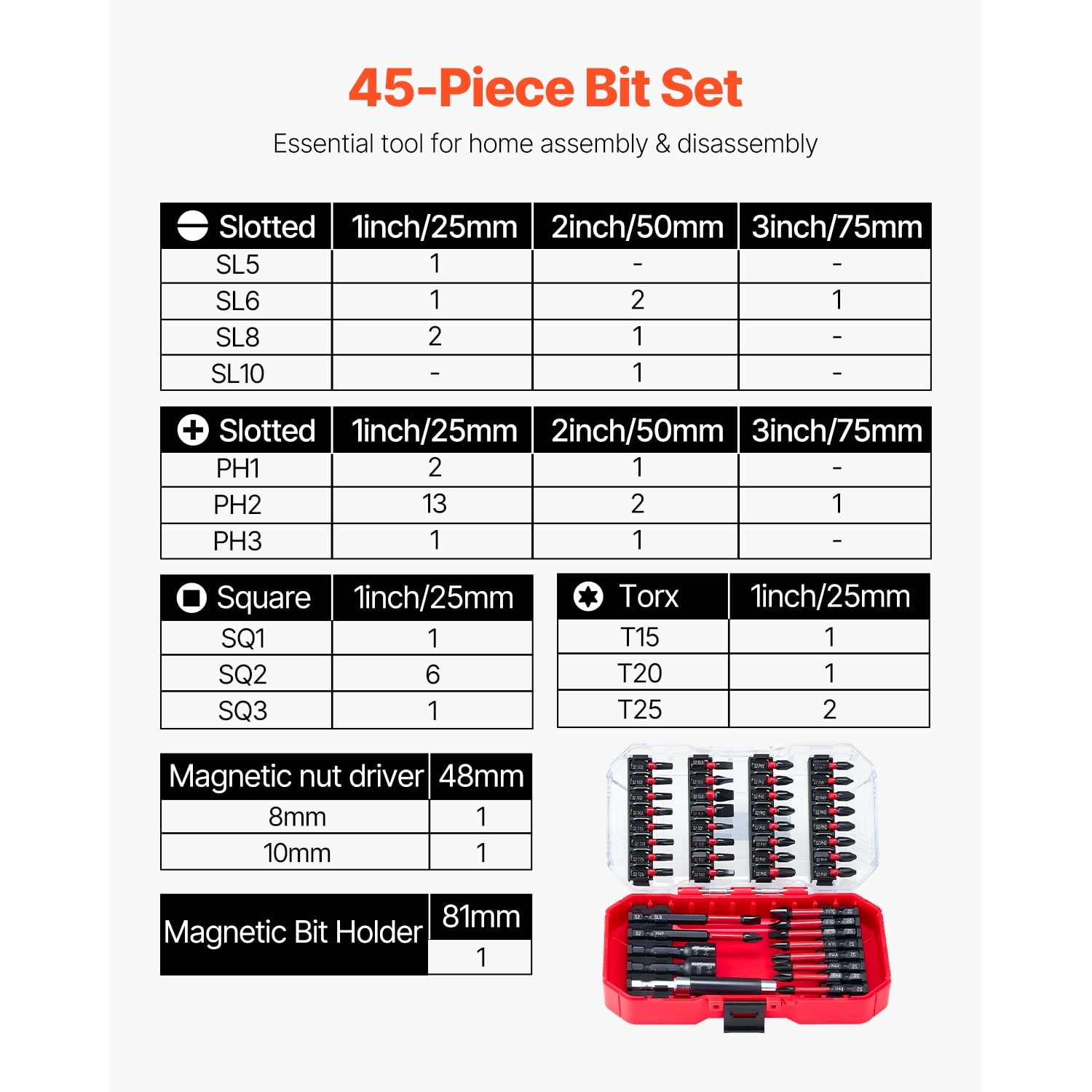 KFFKFF 45-Piece Screwdriver Bit Set with Magnetic Tips, Includes Phillips, Slotted, Square, Torx Bits, Hex Nut Sockets, Extension Rod, Trans - Image 2