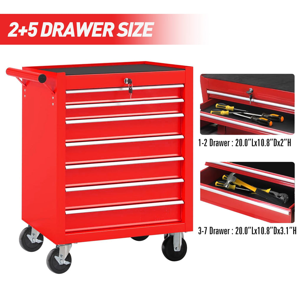Chest on Wheels, Metal Cart box Storage Cabinet Organizer W/ 7 Drawers, Red - Image 4