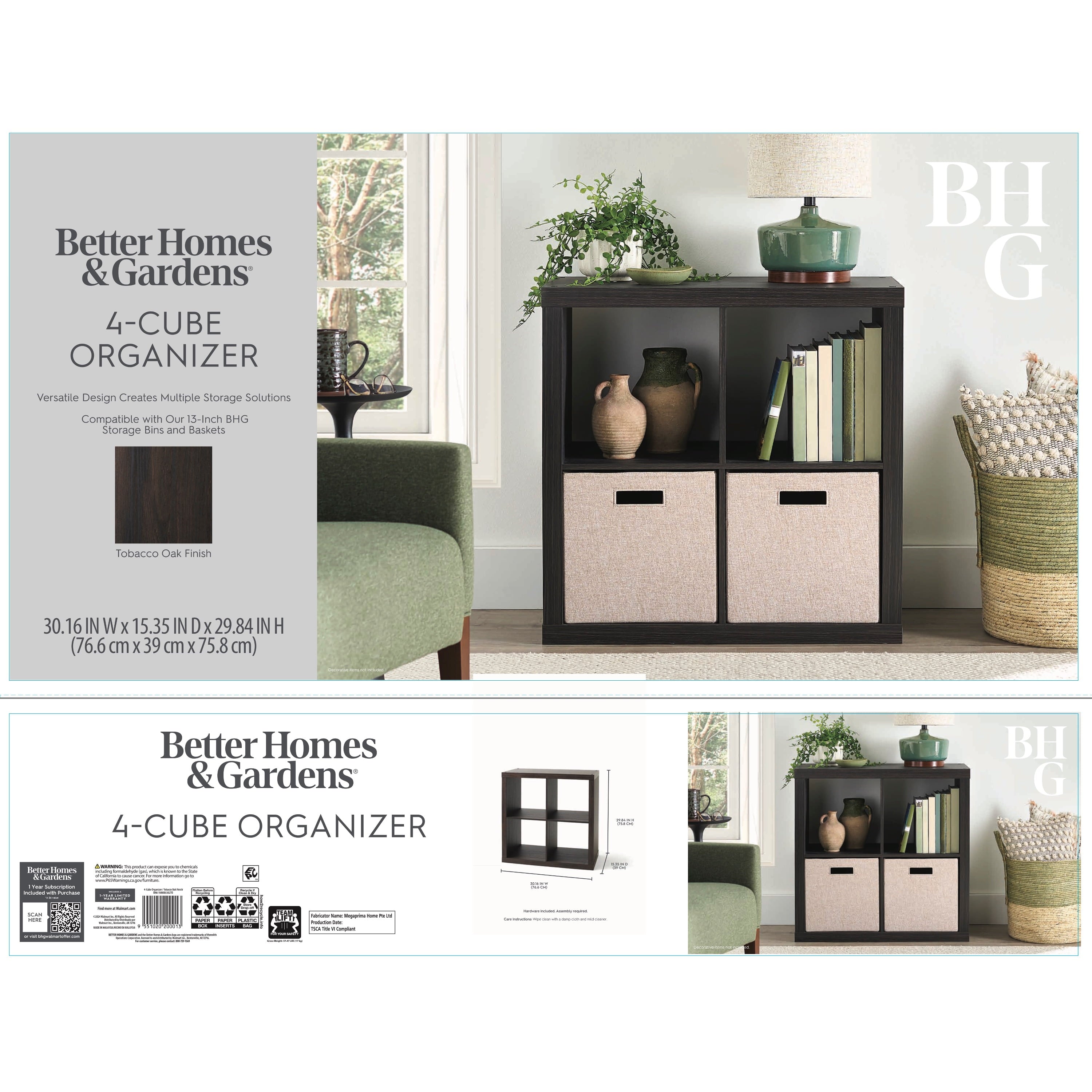 Better Homes &amp; Gardens 4 Cube Storage Organizer, White Texture
