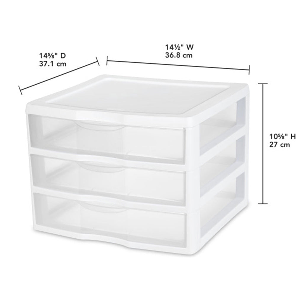 Wide 3 Drawer Unit, Clear Plastic Countertop or Desktop Drawers, White