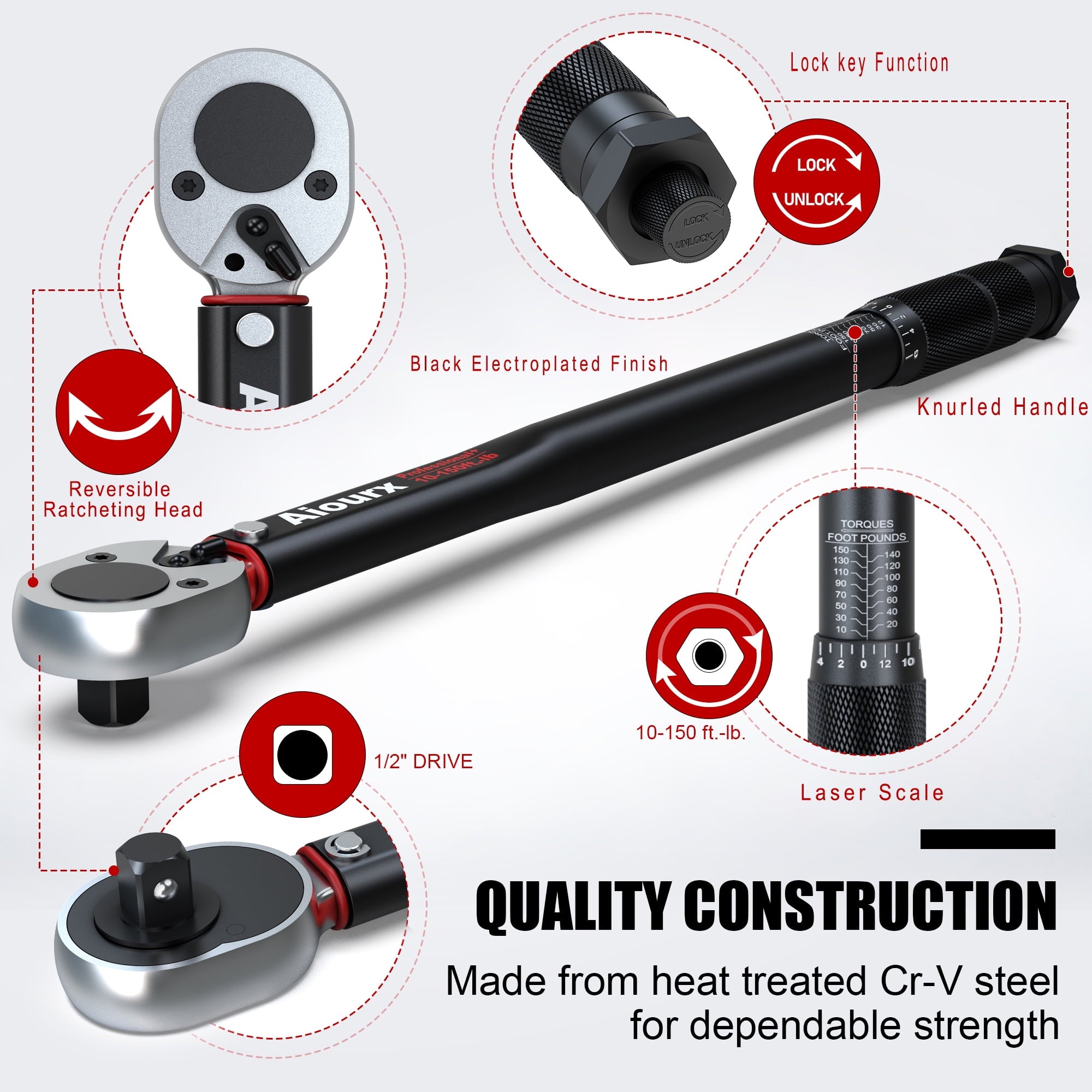 1/2 Inch Drive Click Torque Wrench Set 8-168 ft.-lb. - Image 2