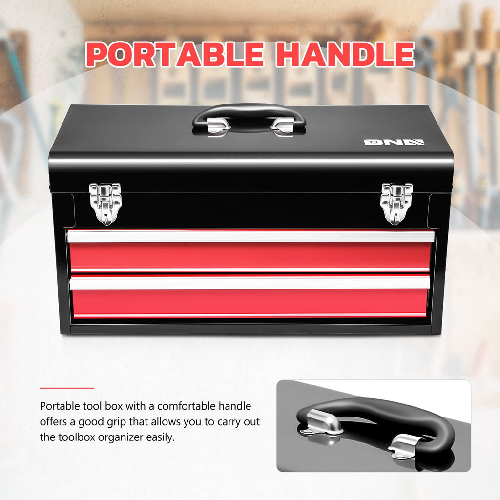 TOOLS-00408 20" 2 Drawers Sturdy Durable Flat Top Steel Portable Hand Carry Multiple Storage Tool Storage Box Red - Image 5