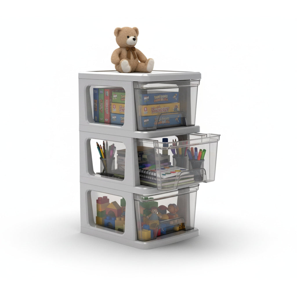 Knock Down Medium Storage Cart with Drawers, Silver Plastic