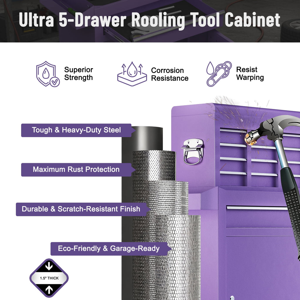 5-Drawer Tool Box, Enyopro Rolling Tool Chest, Stainless Steel Tool Box with Brake Wheels and 4 Drawers, Detachable Tool Cart, Purple - Image 6