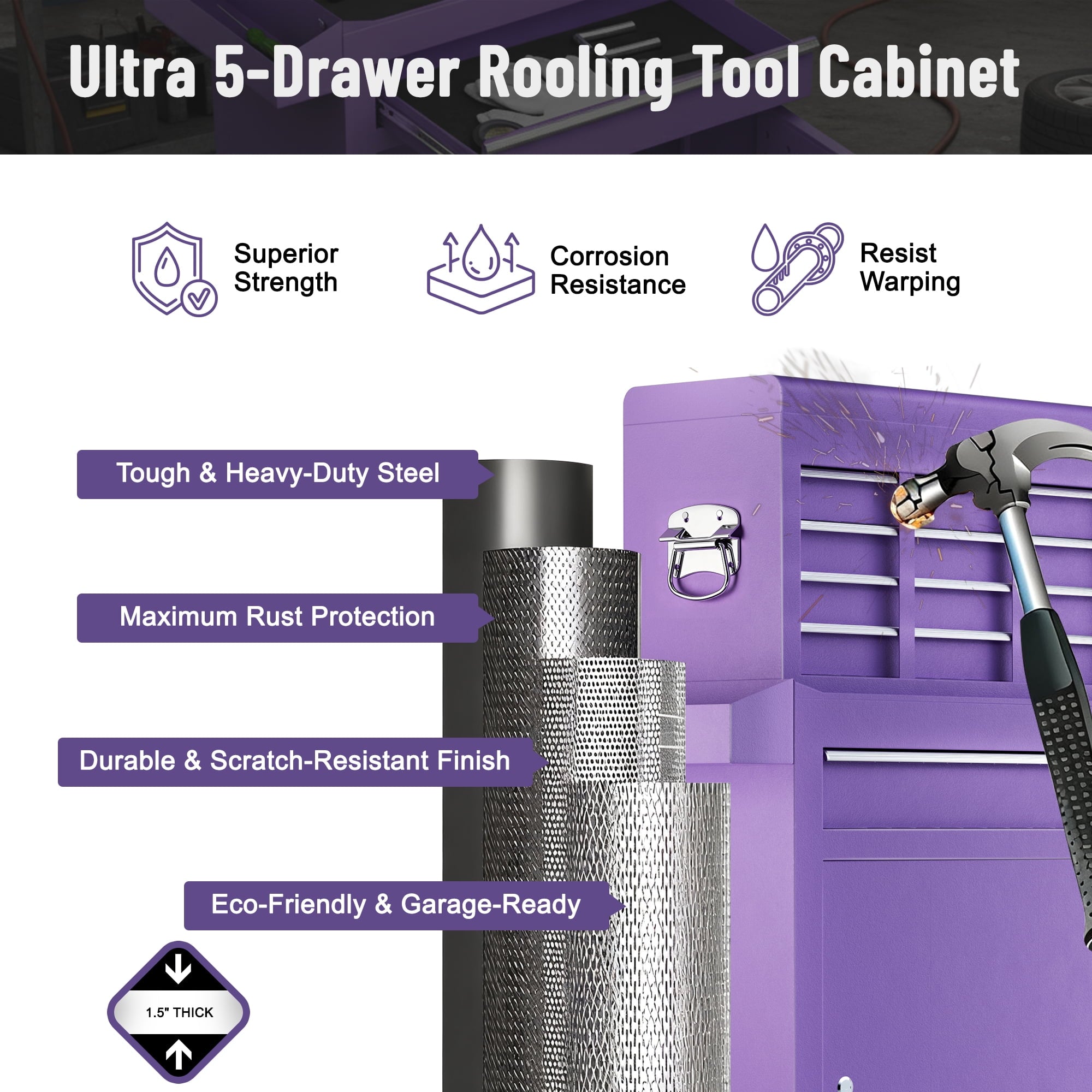 5-Drawer Tool Box, Enyopro Rolling Tool Chest, Stainless Steel Tool Box with Brake Wheels and 4 Drawers, Detachable Tool Cart, Purple - Image 6