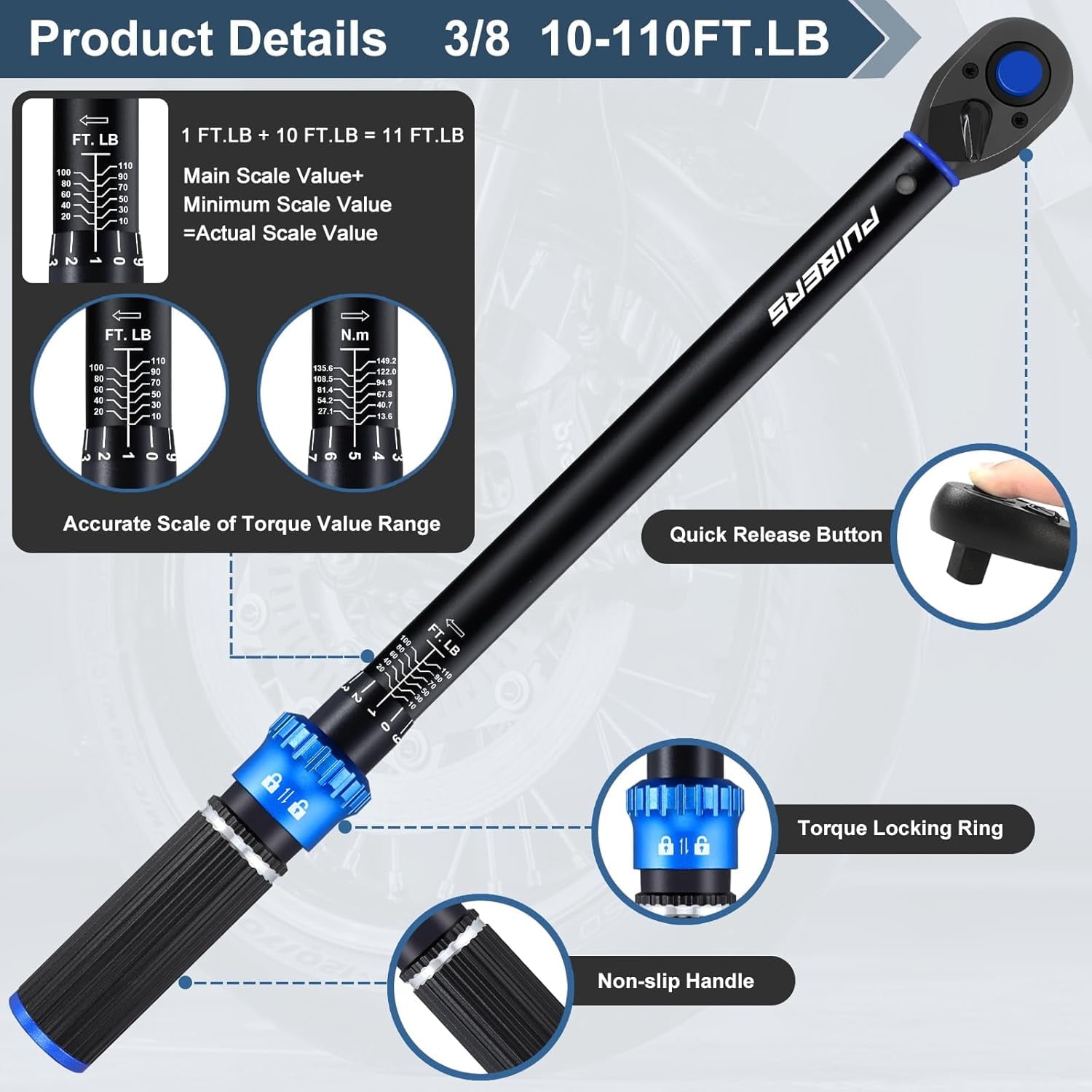 3/8 inch Drive Click Torque Wrench, Torque Wrench 3/8 Torquimetro 10-110 Nm, Dual-Direction Adjustable 72 Tooth Click... - Image 3