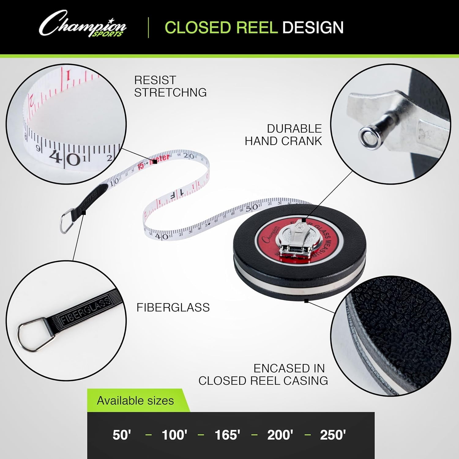 Champion Sports Closed Reel Measure Tape, 100 ft - Sturdy Measuring Tapes with Hand Crank for Track and Field, Long Jump, Landscaping - Dura - Image 3