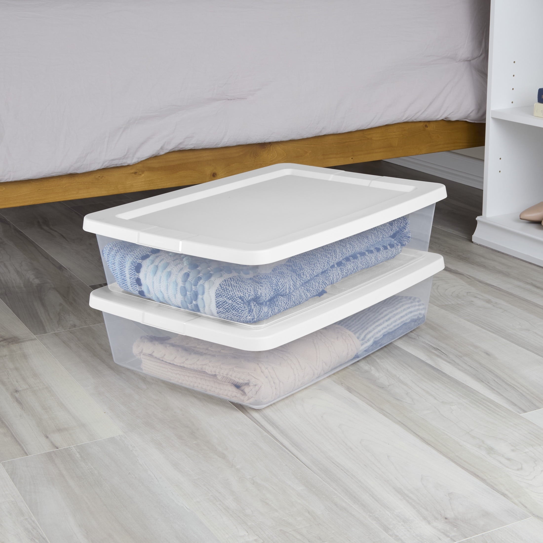 Set of (2) 28 Quart Storage Bins, Clear Plastic Storage Bin with Snap-on Lid, White