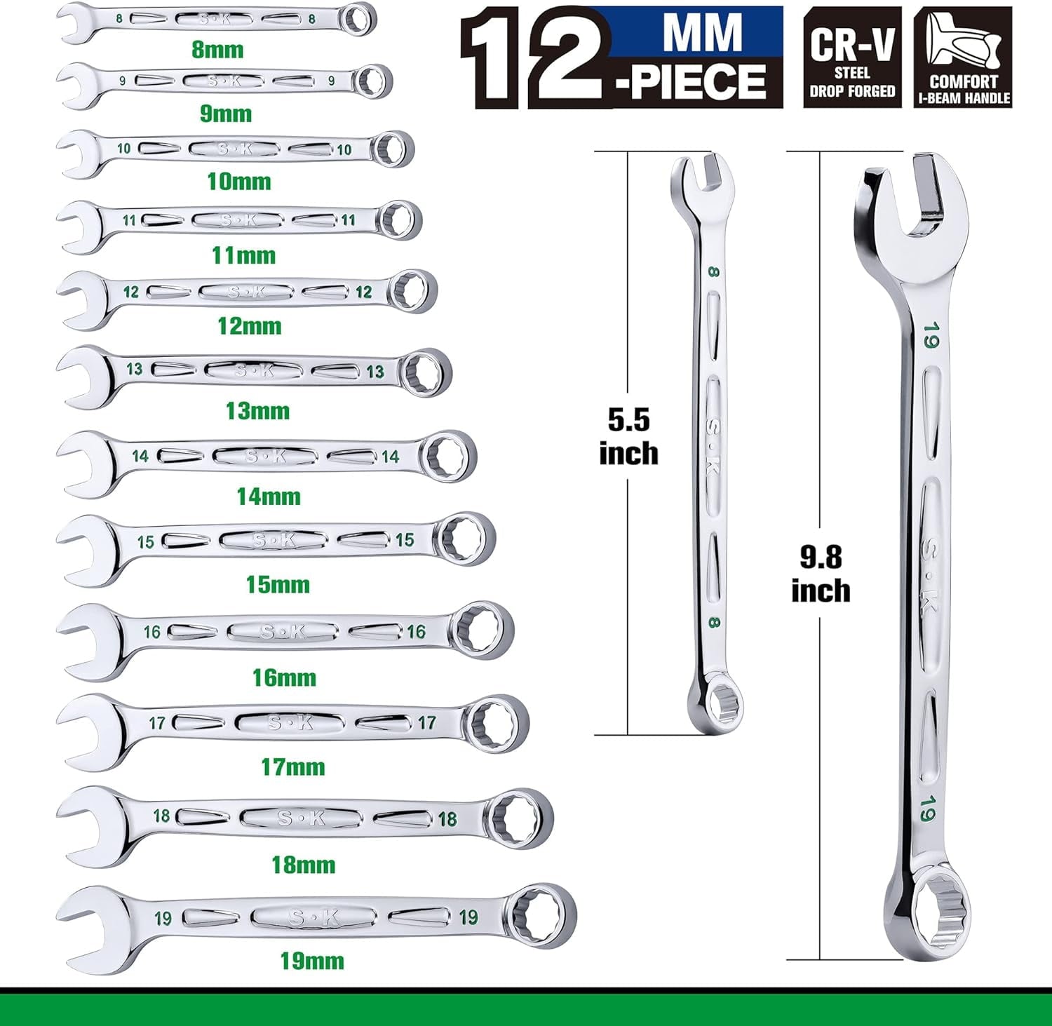 Combination Wrench Set, Metric 8 to 19mm, 12-Piece, SuperKrome Finish, Preminum CR-V Construction, with Rolling Pouch - Image 2