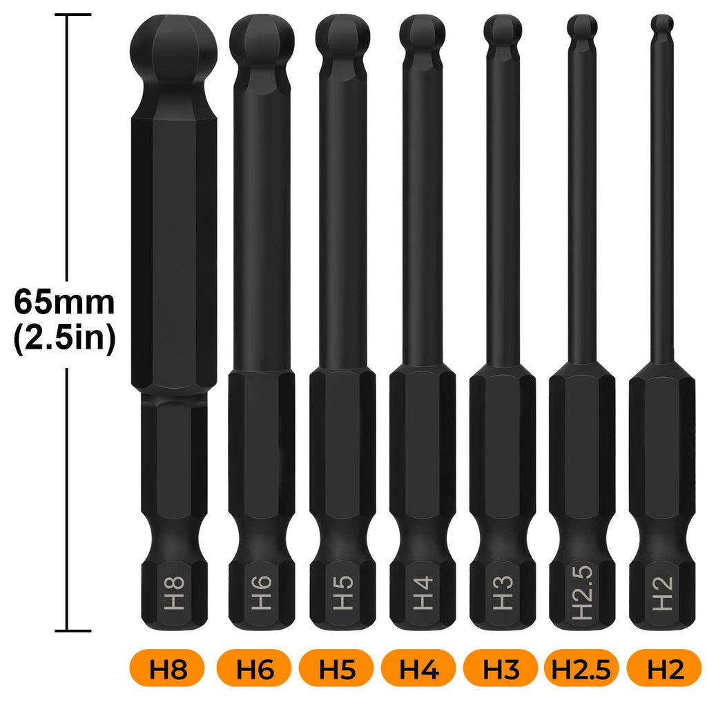 Ball End Hex Screwdriver Bit Set 8PCS, Magnetic 1/4" Hex Shank Ball Head Allen Bits 65mm, S2 Steel Hex Bit Set 2/2.5/3/4/5/6/8 mm - Image 3