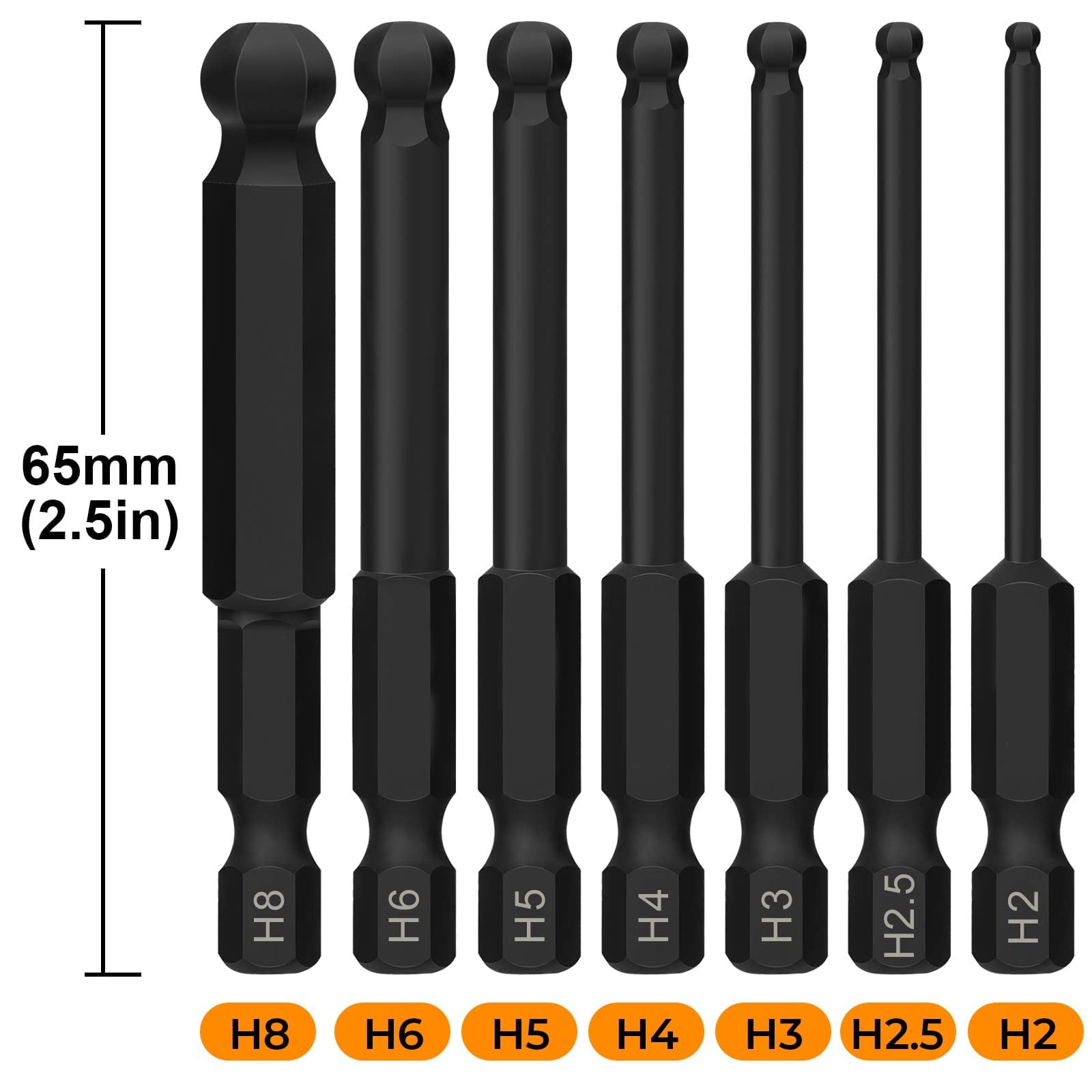 Ball End Hex Screwdriver Bit Set 8PCS, Magnetic 1/4" Hex Shank Ball Head Allen Bits 65mm, S2 Steel Hex Bit Set 2/2.5/3/4/5/6/8 mm - Image 3