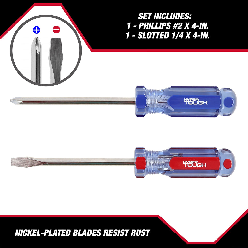 Hyper Tough 2-Piece Acetate Handle Screwdriver Set, Includes 1 Phillips & 1 Flat Head Driver - Image 3