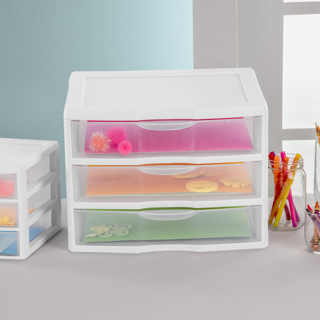 Wide 3 Drawer Unit, Clear Plastic Countertop or Desktop Drawers, White