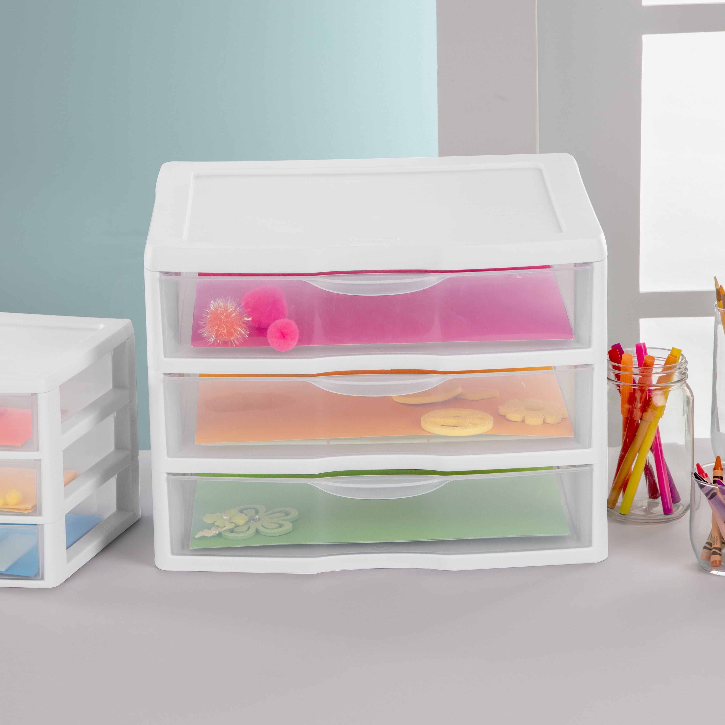 Wide 3 Drawer Unit, Clear Plastic Countertop or Desktop Drawers, White